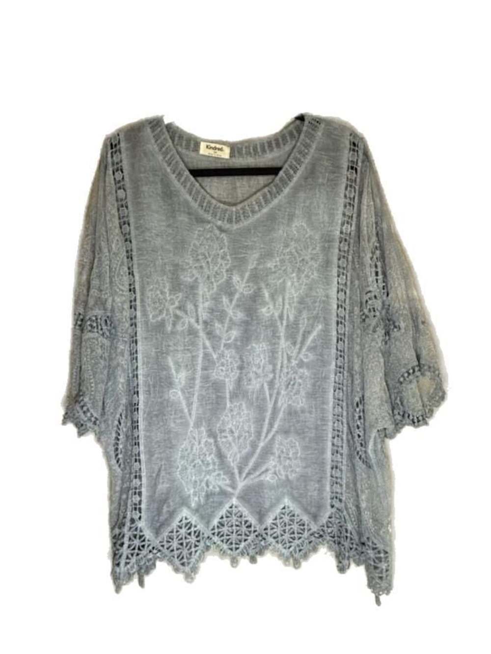 Kindred Plus Size Blue Embroidered Lace Trim Kimono Sleeve Blouse, 3X - Picture 2 of 9